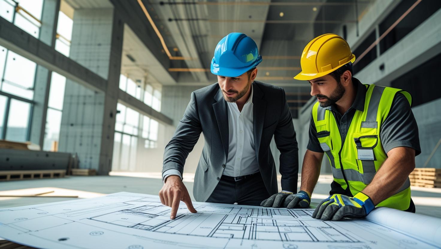 Consultant and engineer discussing building plans on-site