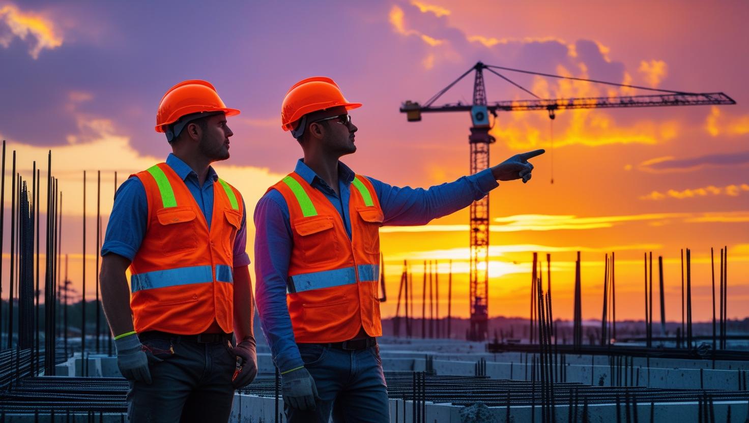 Engineers working together at a construction site during sunset.