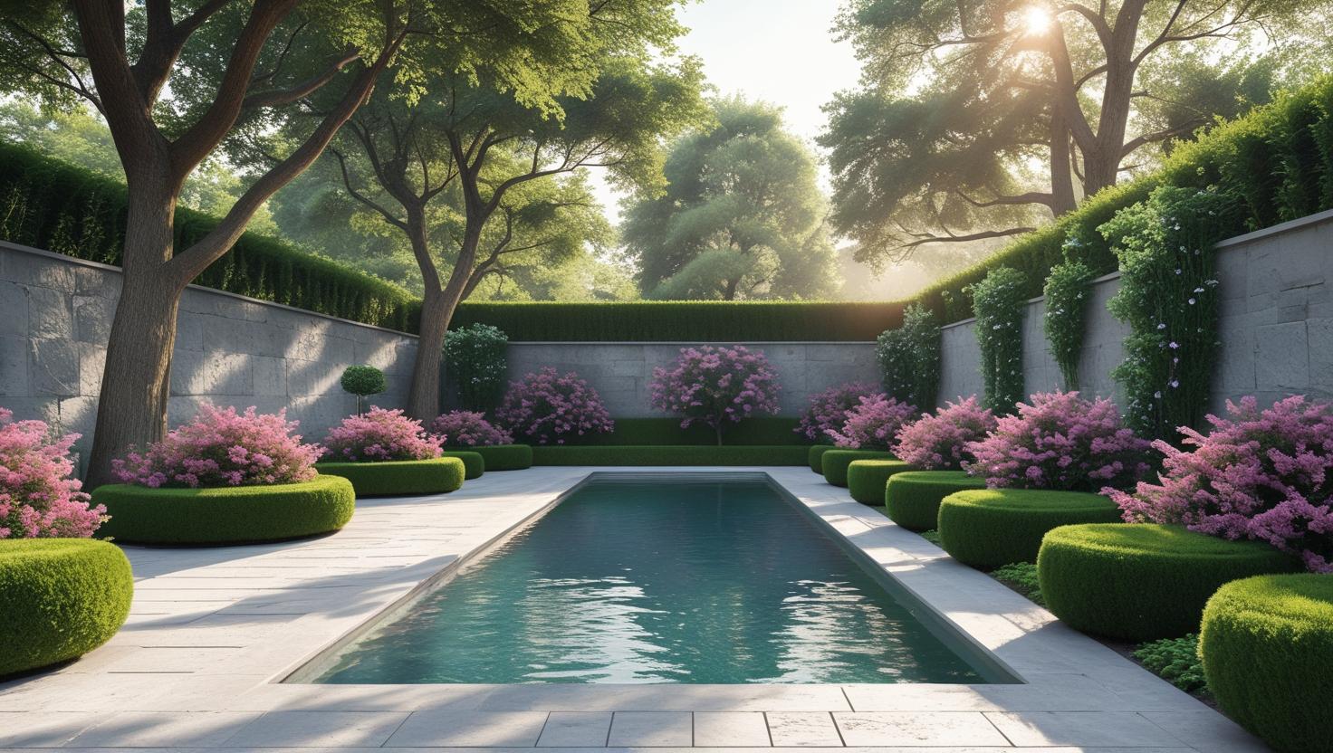 A calm backyard garden with a modern rectangular pool, surrounded by greenery, flowering plants, and tall trees letting in soft sunlight