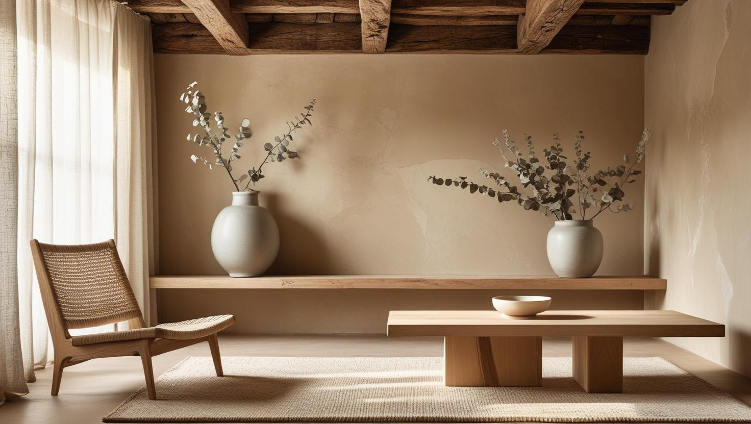 Cozy minimalist living room with wooden furniture, soft neutral tones, and a vase of branches adding a natural touch.