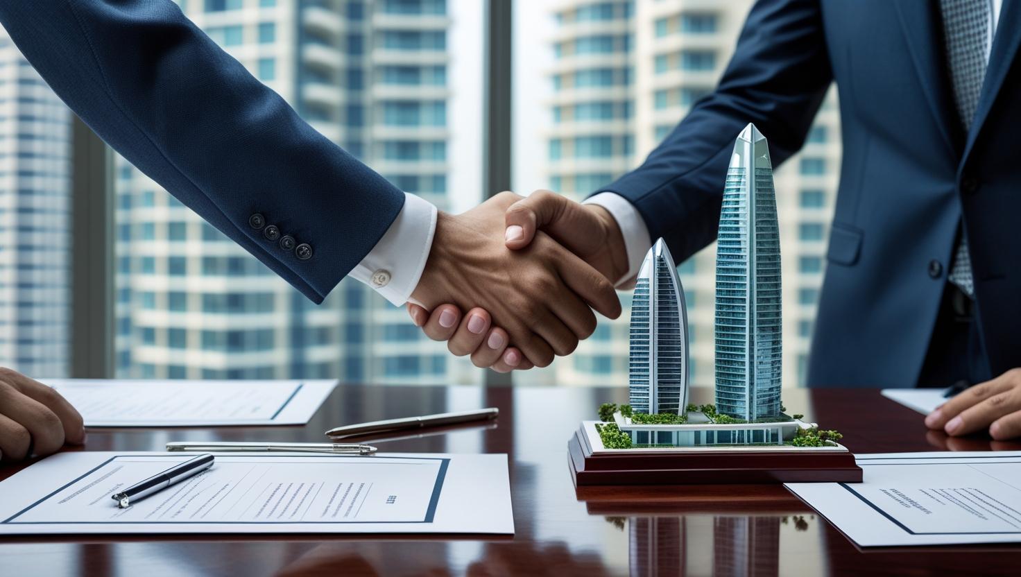 Two people shaking hands over property papers with a small building model, showing trust in a real estate deal.